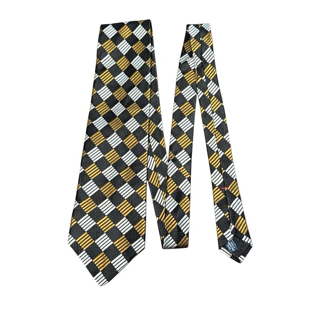 Vintage Buggati 1980s 100% Silk Tie Black Brown Silver 4” x 56”